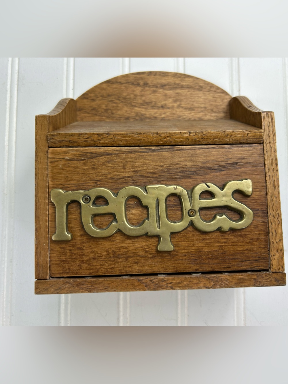 Vintage Recipe Box Wood Brass 'Recipes' Plaque Brown Cottagecore